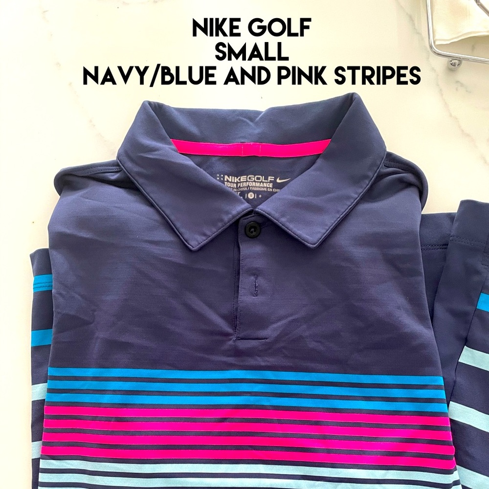 Nike Golf polo. Navy/pink/bright blue. Small